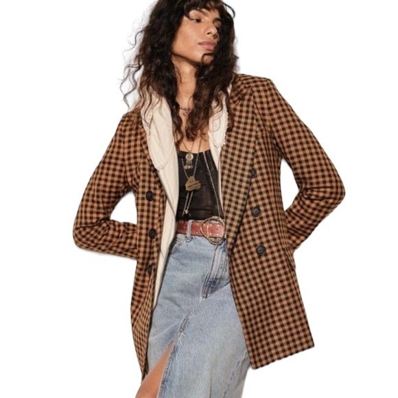 FREE PEOPLE ASHBY VINTAGE INSPIRED PLAID BLAZER IN BROWN NWOT - Picture 4 of 12